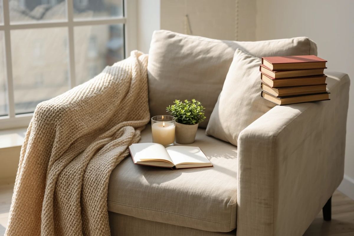 A cozy reading nook with candles and a journal